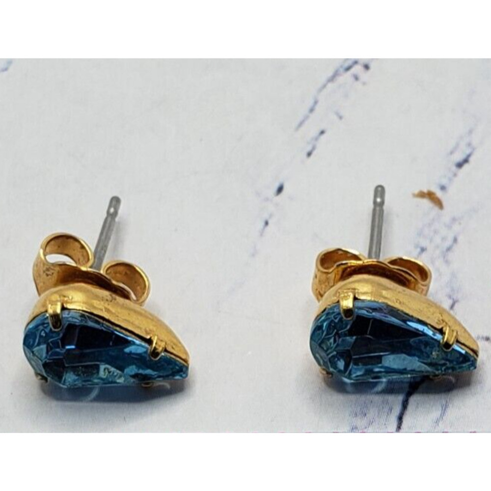 Gold Tone With Blue Gem Stone Teardrop Stud Earrings